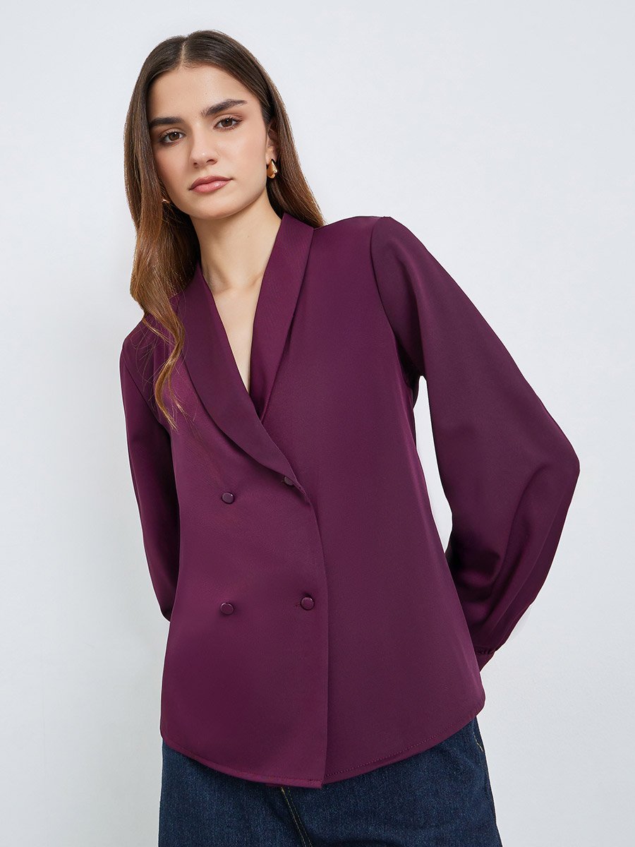 Women Burgundy Buttoned Wrap Top