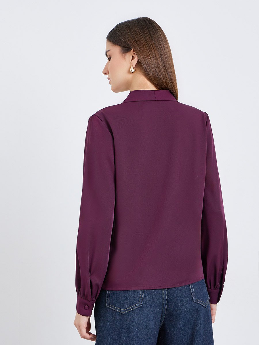 Women Burgundy Buttoned Wrap Top