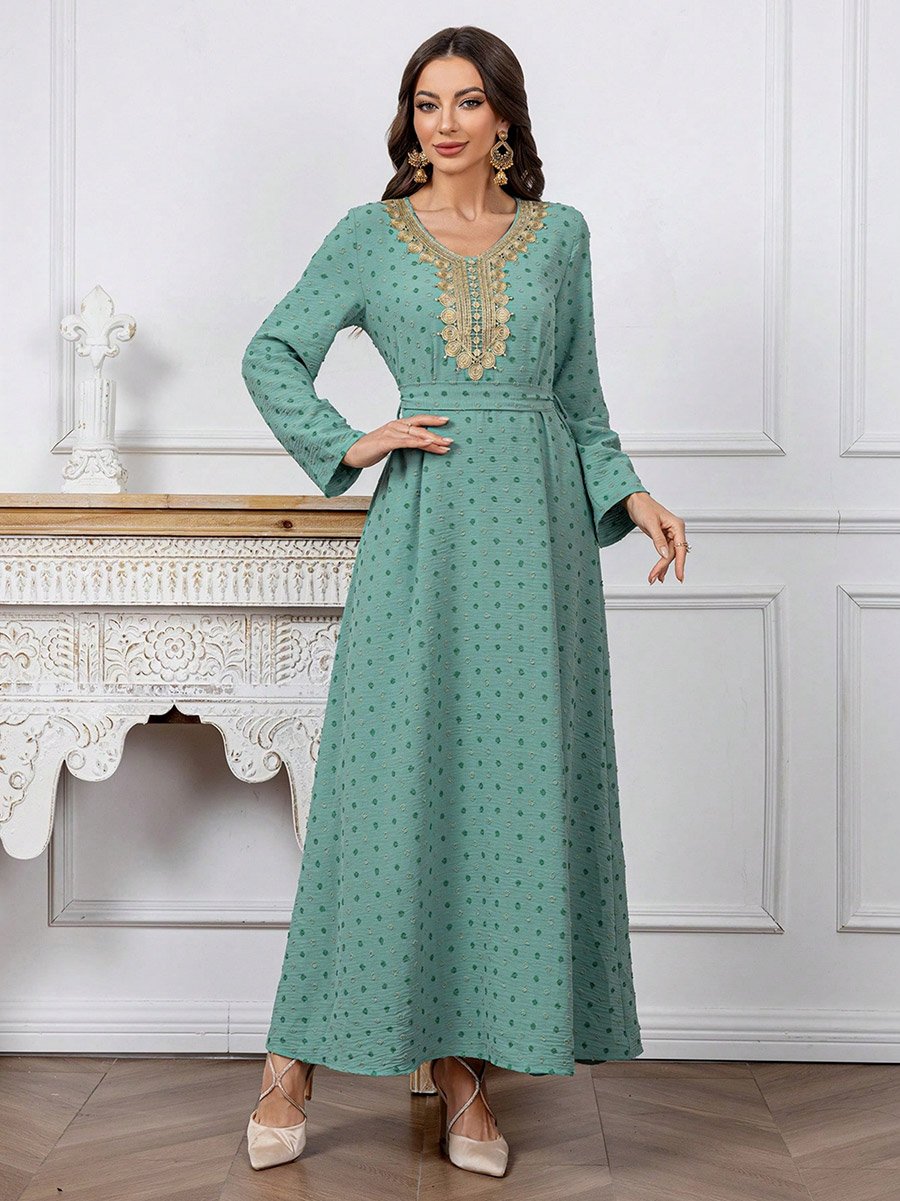 Texture Embroidery Neck Detail Belted Maxi Jalabiya