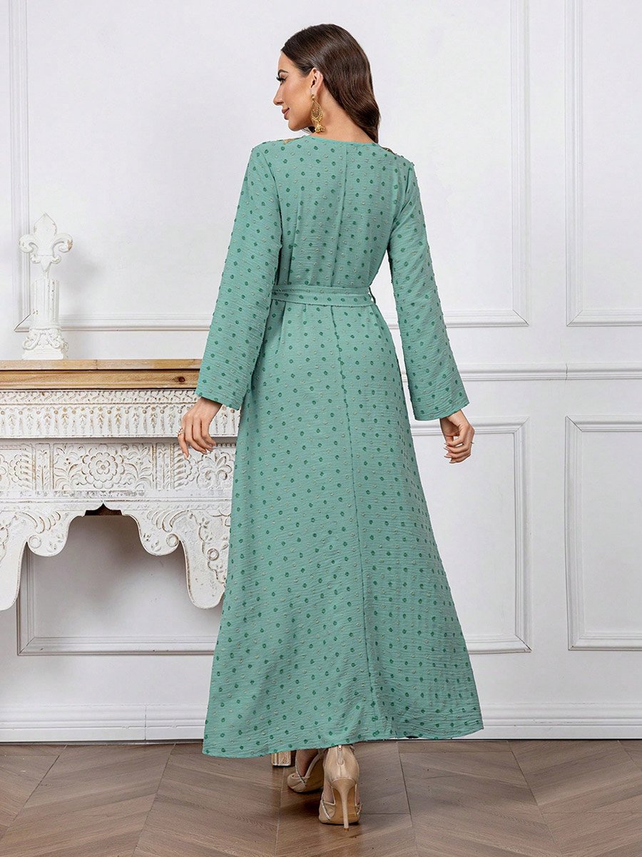 Texture Embroidery Neck Detail Belted Maxi Jalabiya
