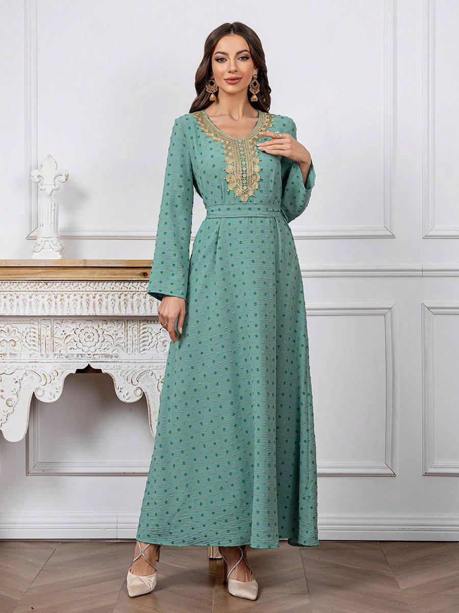 Texture Embroidery Neck Detail Belted Maxi Jalabiya