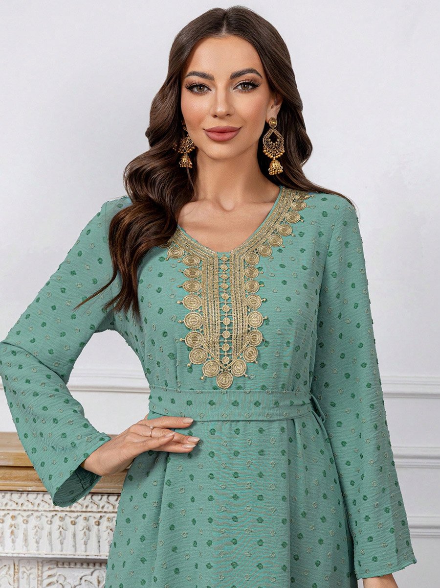 Texture Embroidery Neck Detail Belted Maxi Jalabiya
