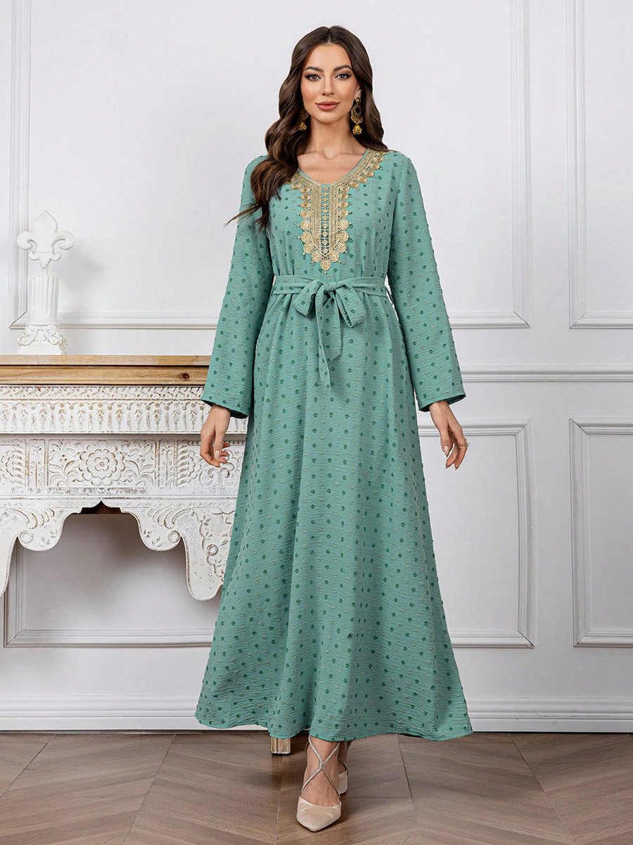 Texture Embroidery Neck Detail Belted Maxi Jalabiya