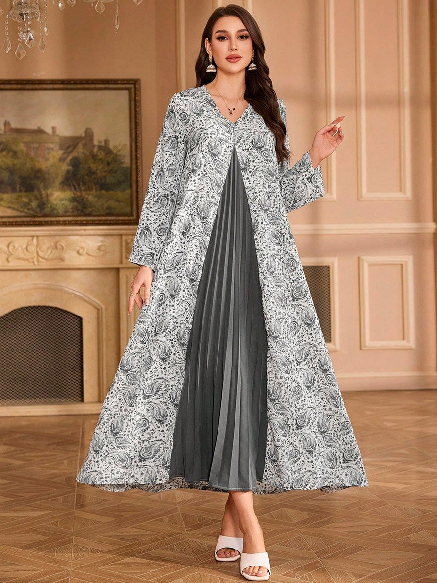 Floral Print Pleated Detail A-Line Maxi Jalabiya
