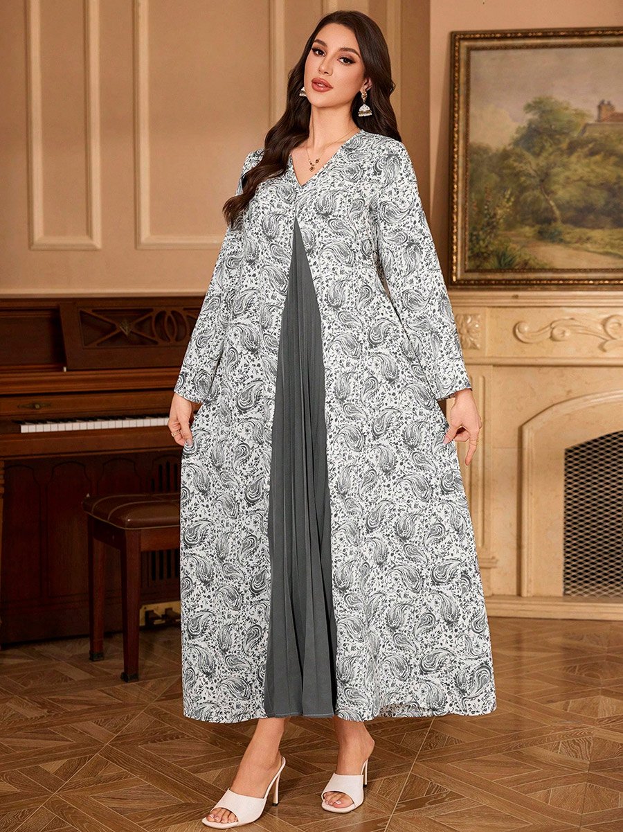 Floral Print Pleated Detail A-Line Maxi Jalabiya