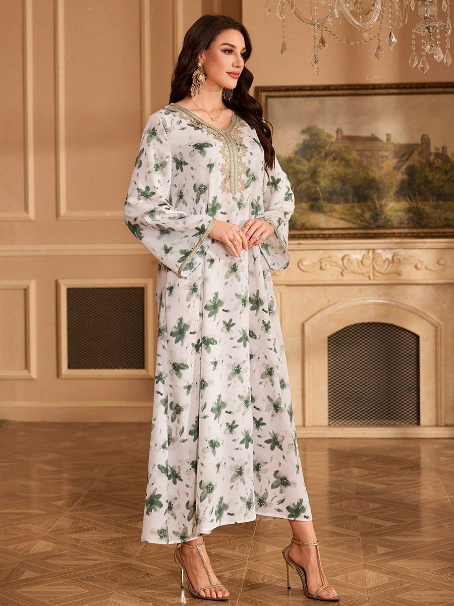 Floral Print Embroidered A-Line Jalabiya
