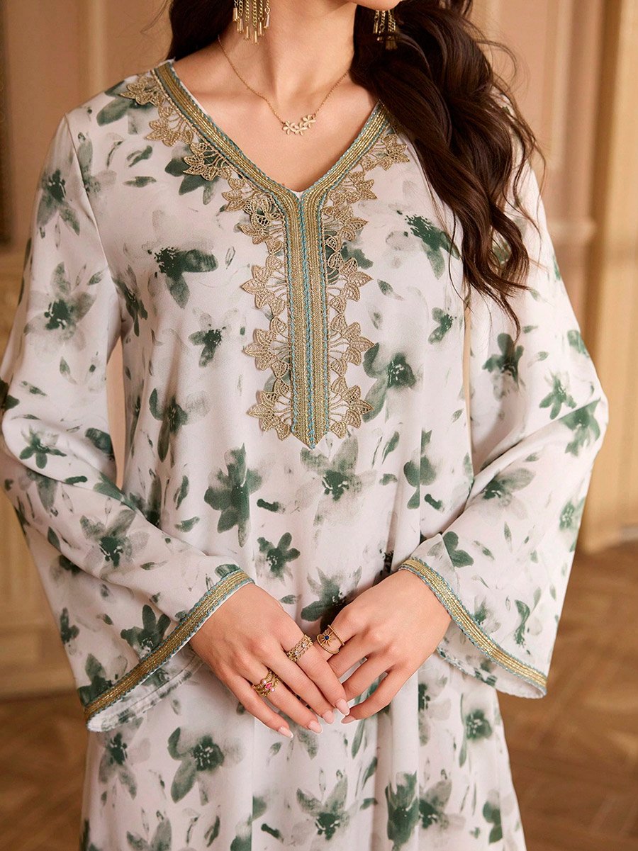 Floral Print Embroidered A-Line Jalabiya