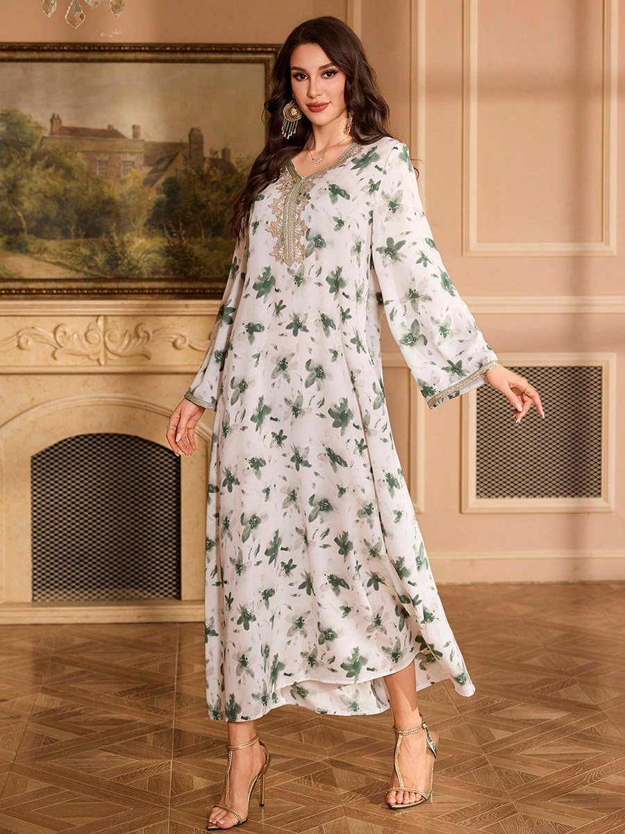Floral Print Embroidered A-Line Jalabiya