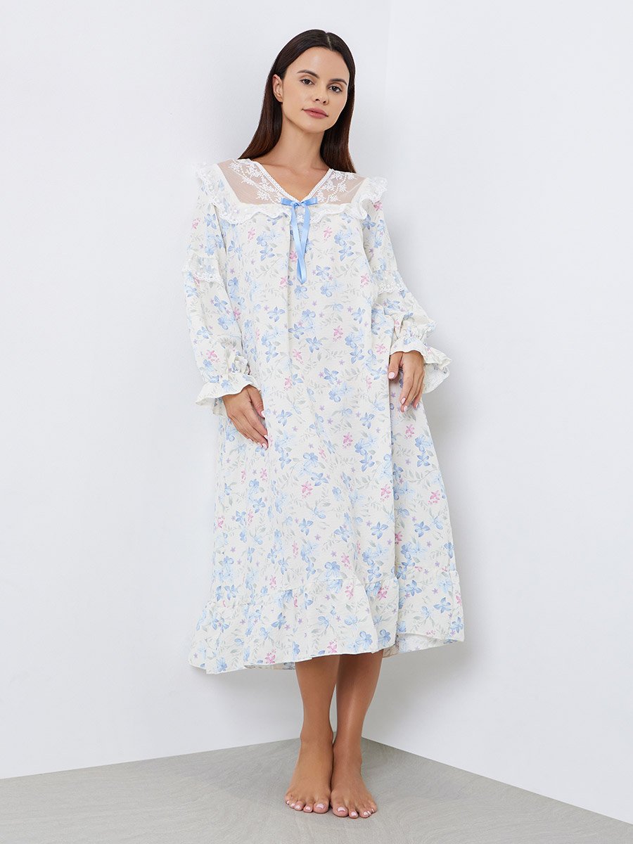 Ruffle Hem Ditsy Floral Embroidered Bow Detail Nightdress
