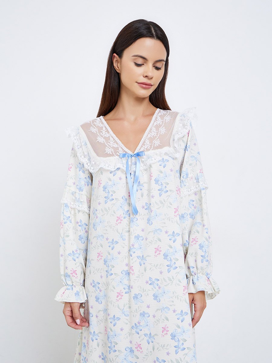 Ruffle Hem Ditsy Floral Embroidered Bow Detail Nightdress