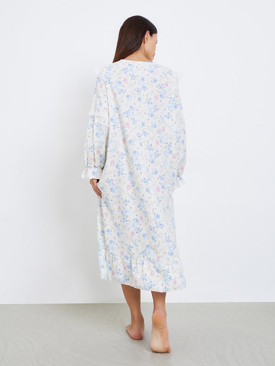 Ruffle Hem Ditsy Floral Embroidered Bow Detail Nightdress