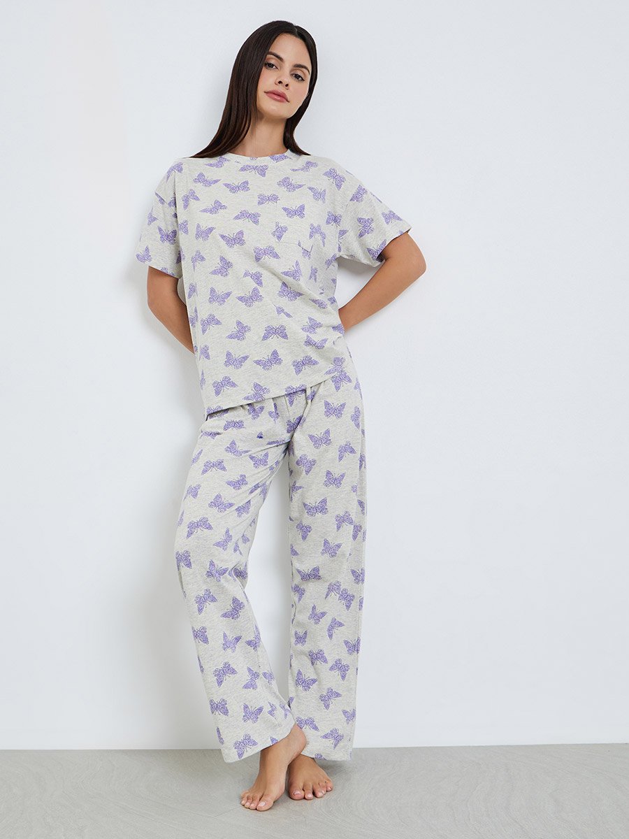 Women Butterfly Print T-Shirt and Pyjama Set