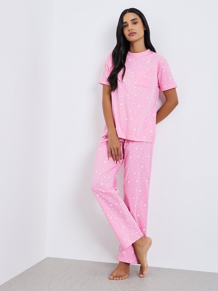 Star Print Round Neck T-Shirt and Pyjama Set