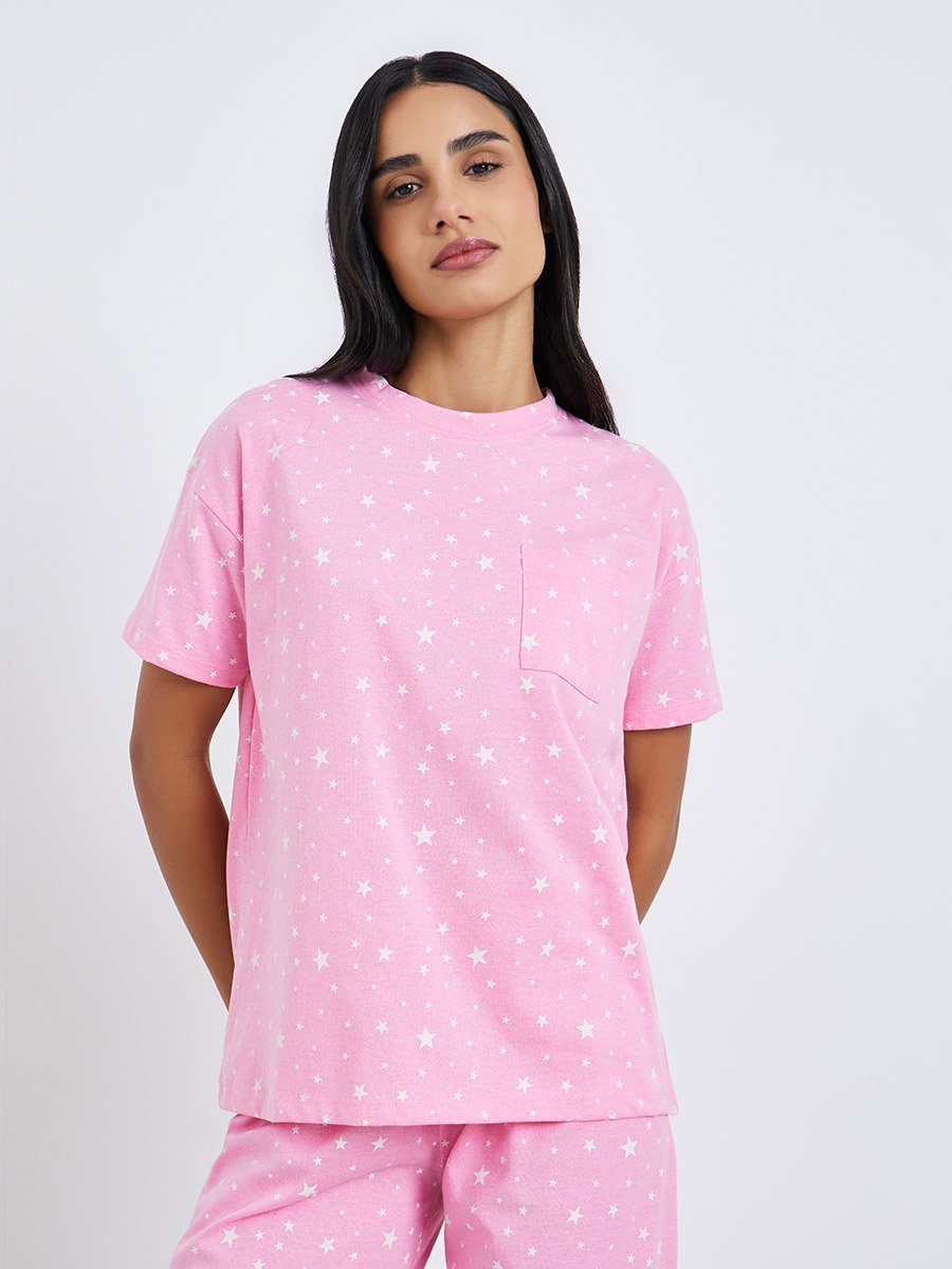 Star Print Round Neck T-Shirt and Pyjama Set