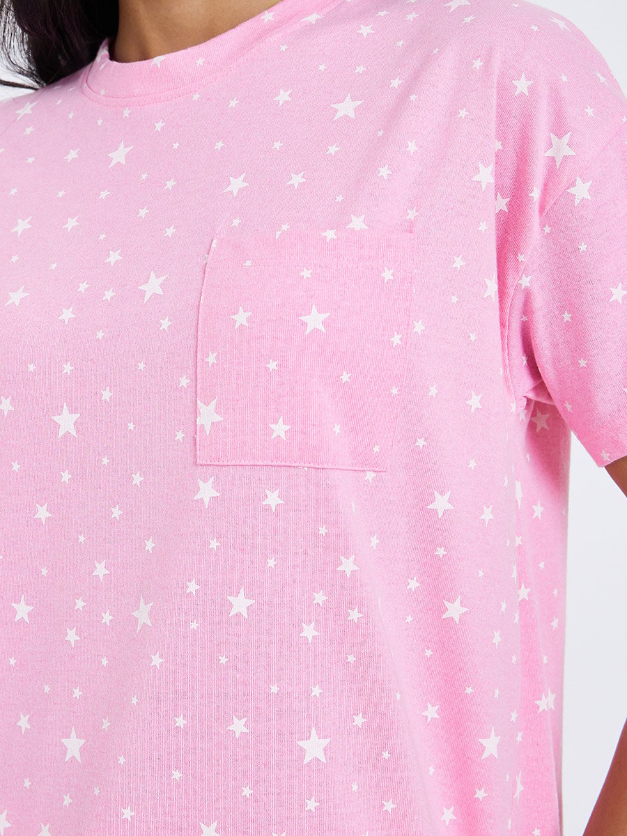 Star Print Round Neck T-Shirt and Pyjama Set
