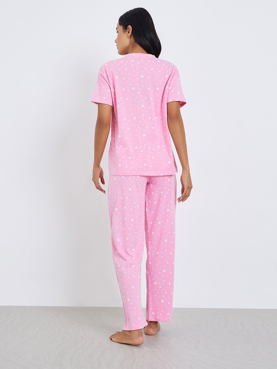 Star Print Round Neck T-Shirt and Pyjama Set