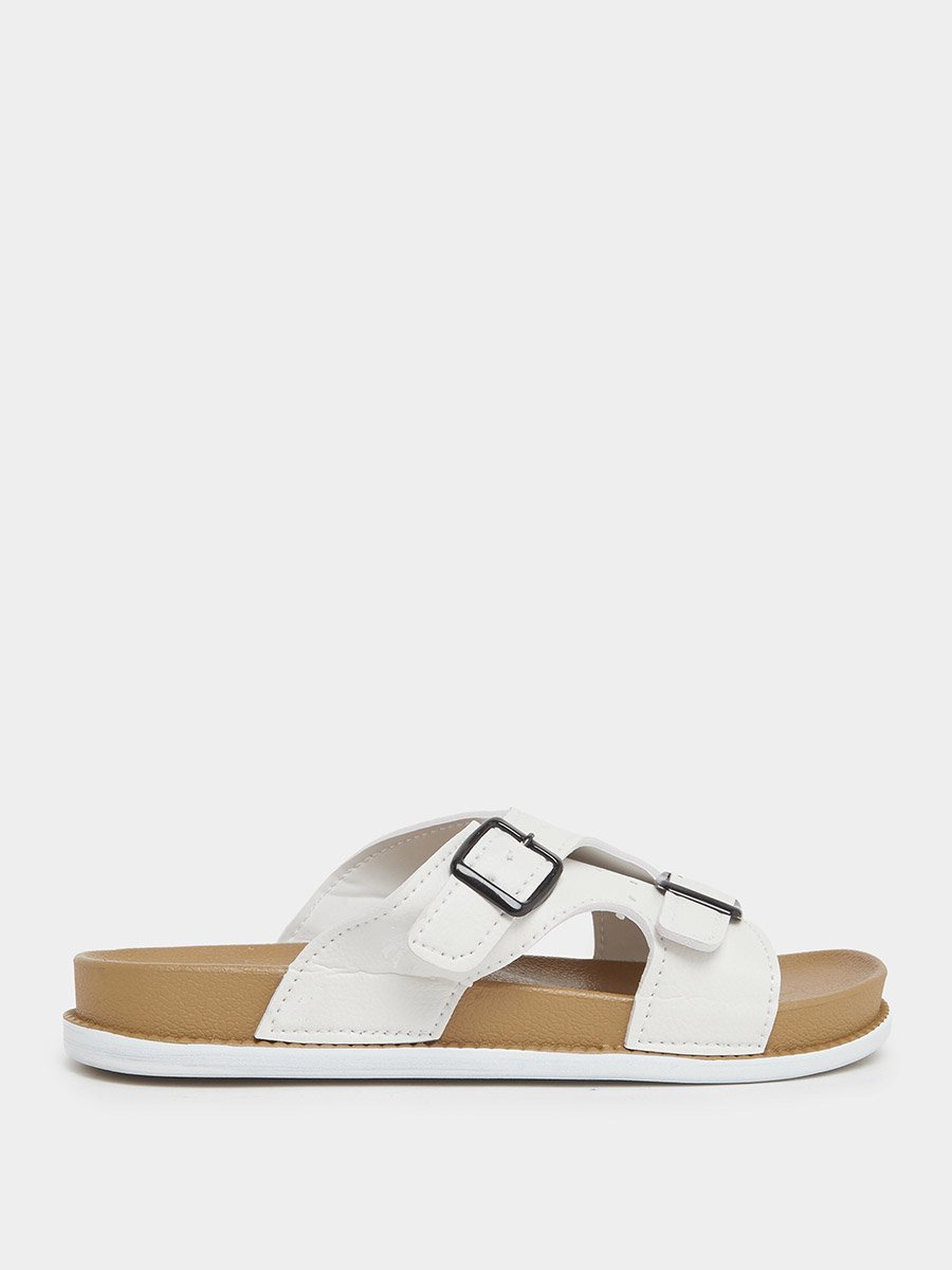 Men White Buckle Slide Sandals