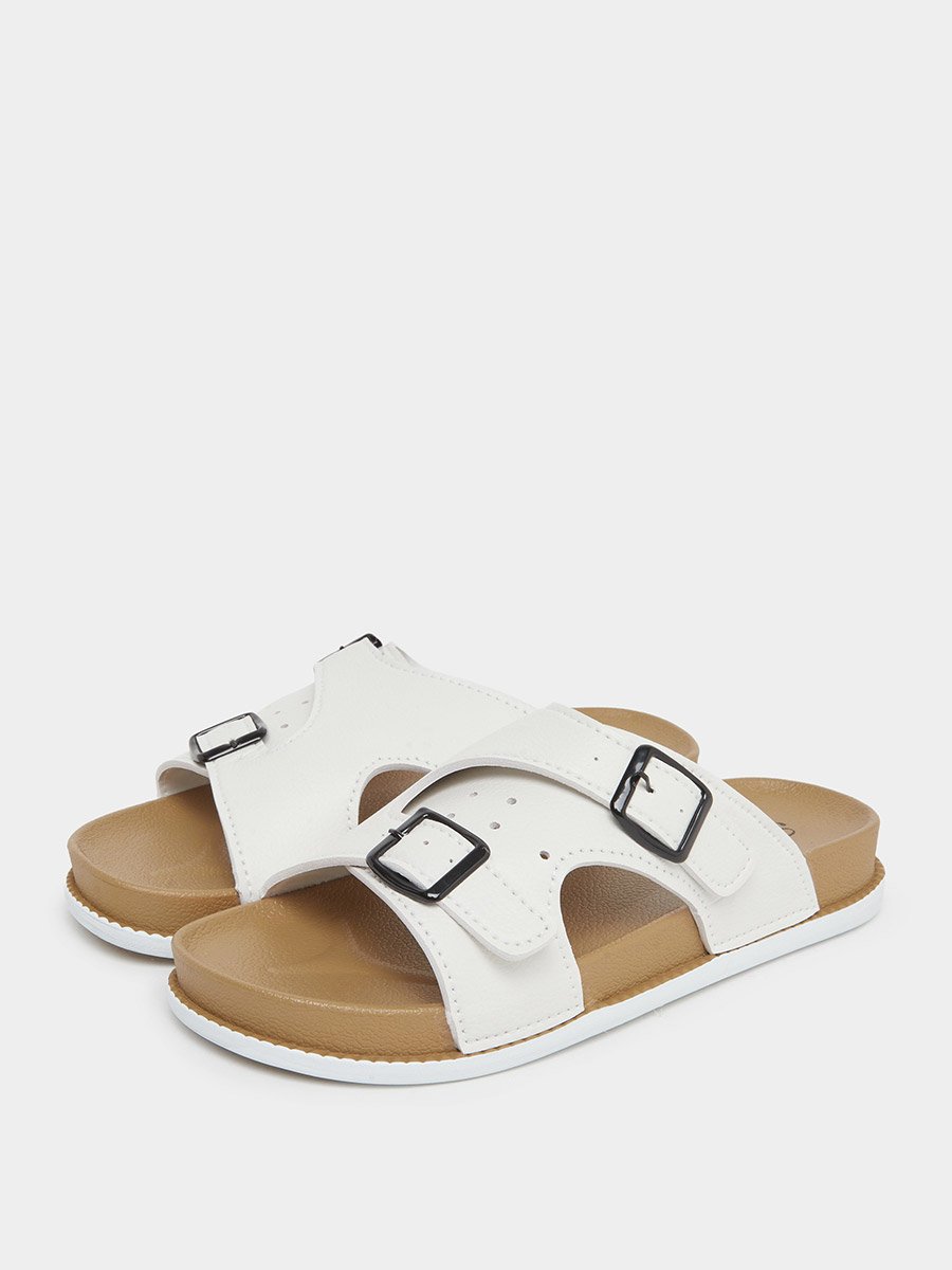 Men White Buckle Slide Sandals