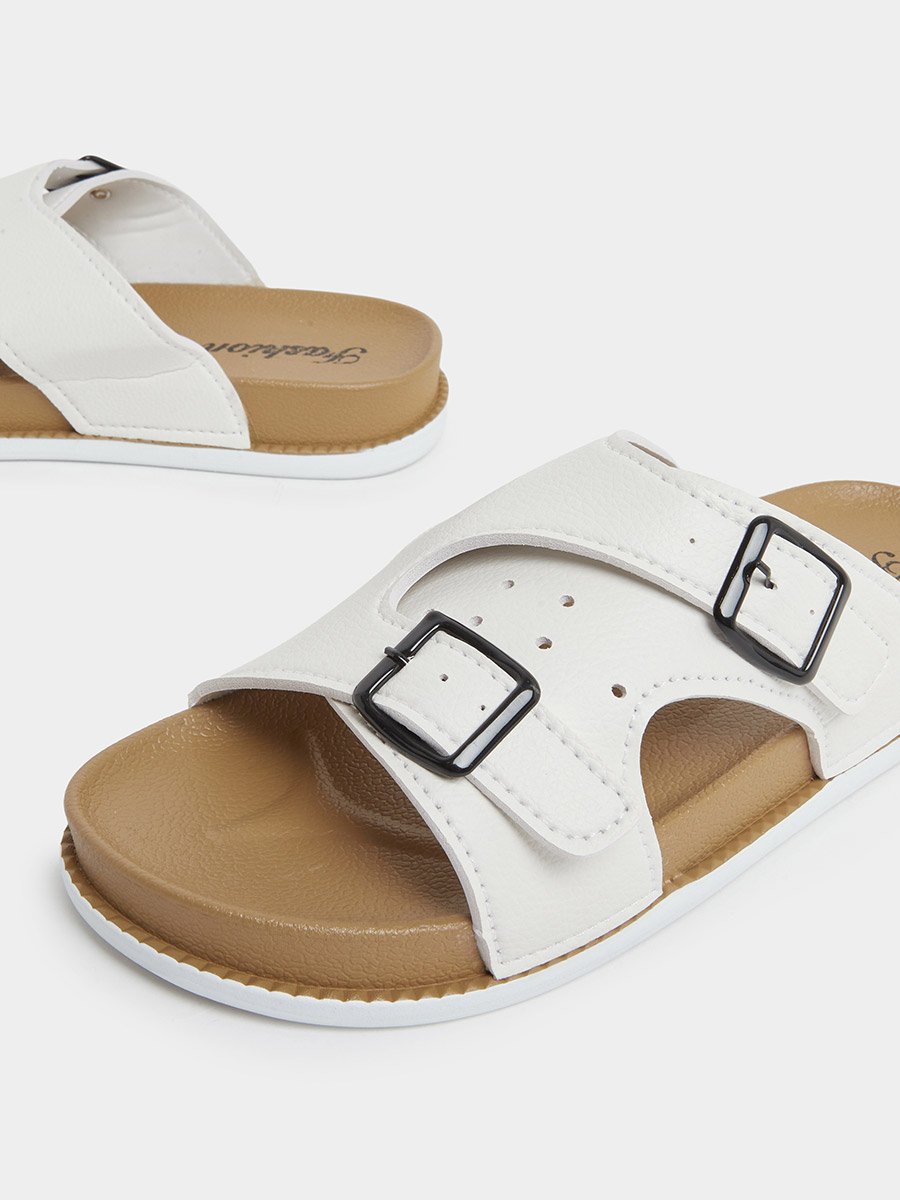 Men White Buckle Slide Sandals