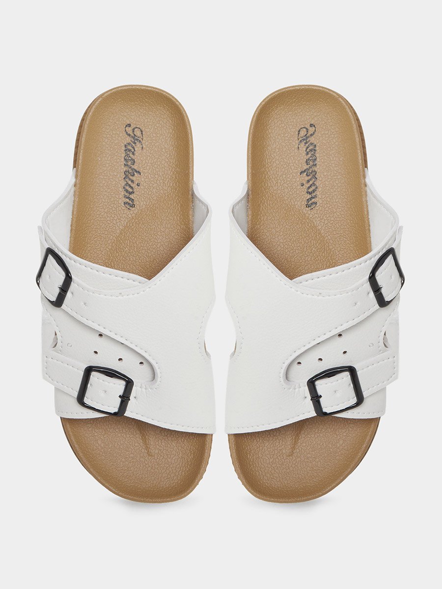 Men White Buckle Slide Sandals