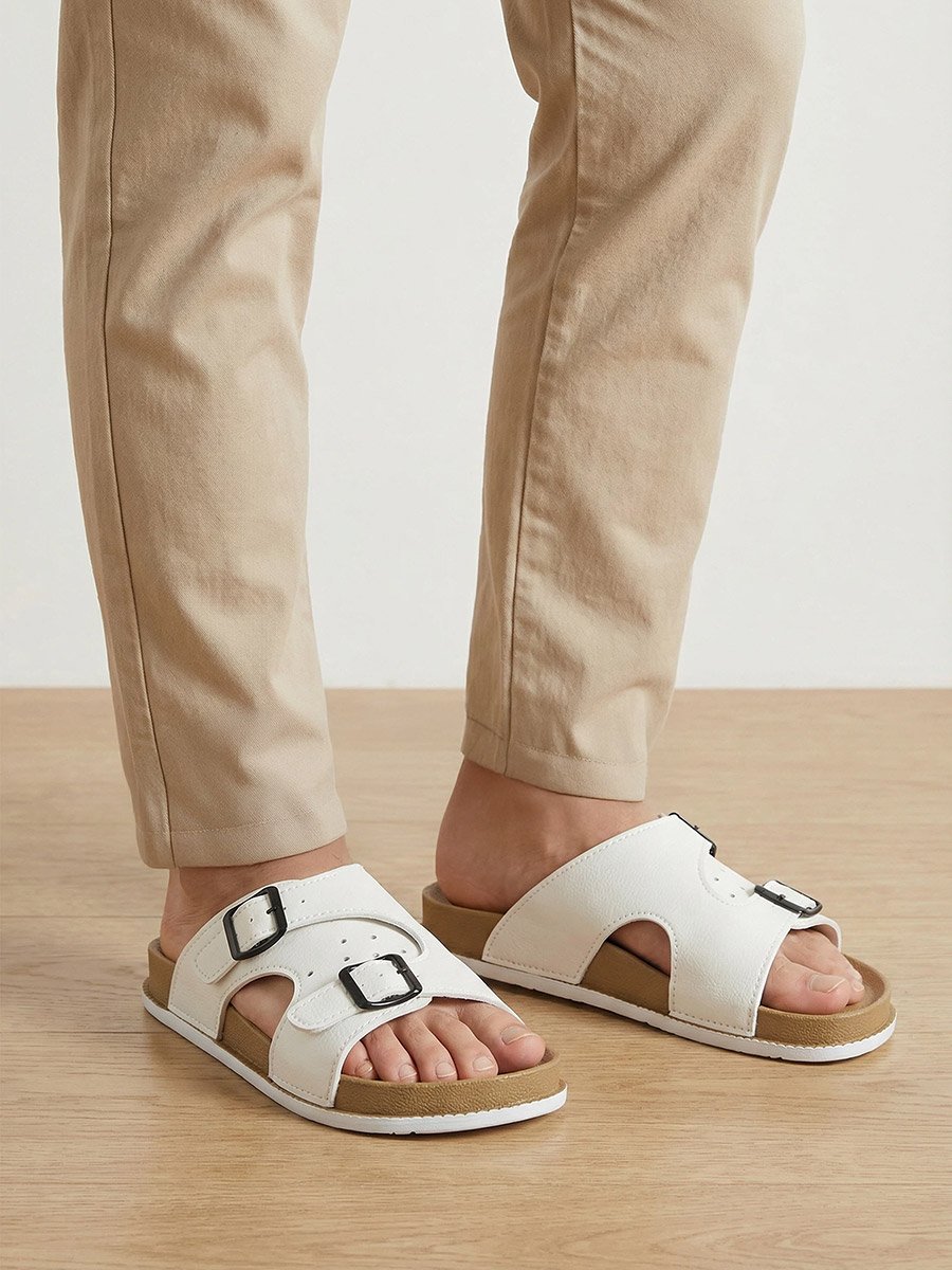 Men White Buckle Slide Sandals