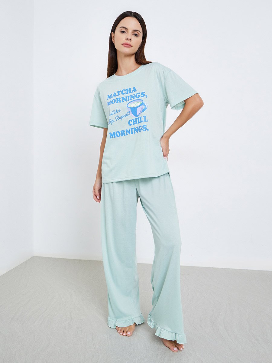 Match Graphic Drop Shoulder T-Shirt and Ruffle Pyjama Set