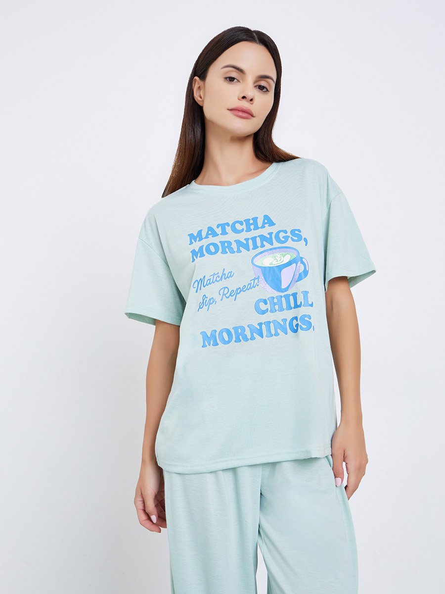 Match Graphic Drop Shoulder T-Shirt and Ruffle Pyjama Set
