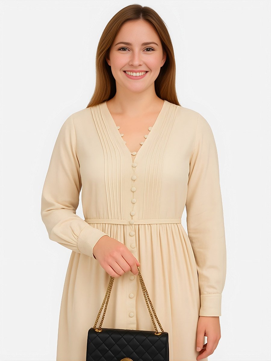 Women Pleated Button Loop Maxi Dress