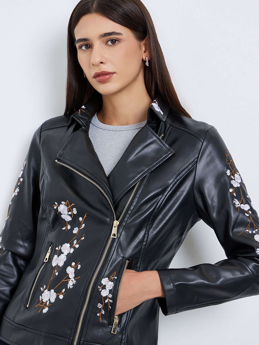 Black Floral Embroidered Biker Jacket
