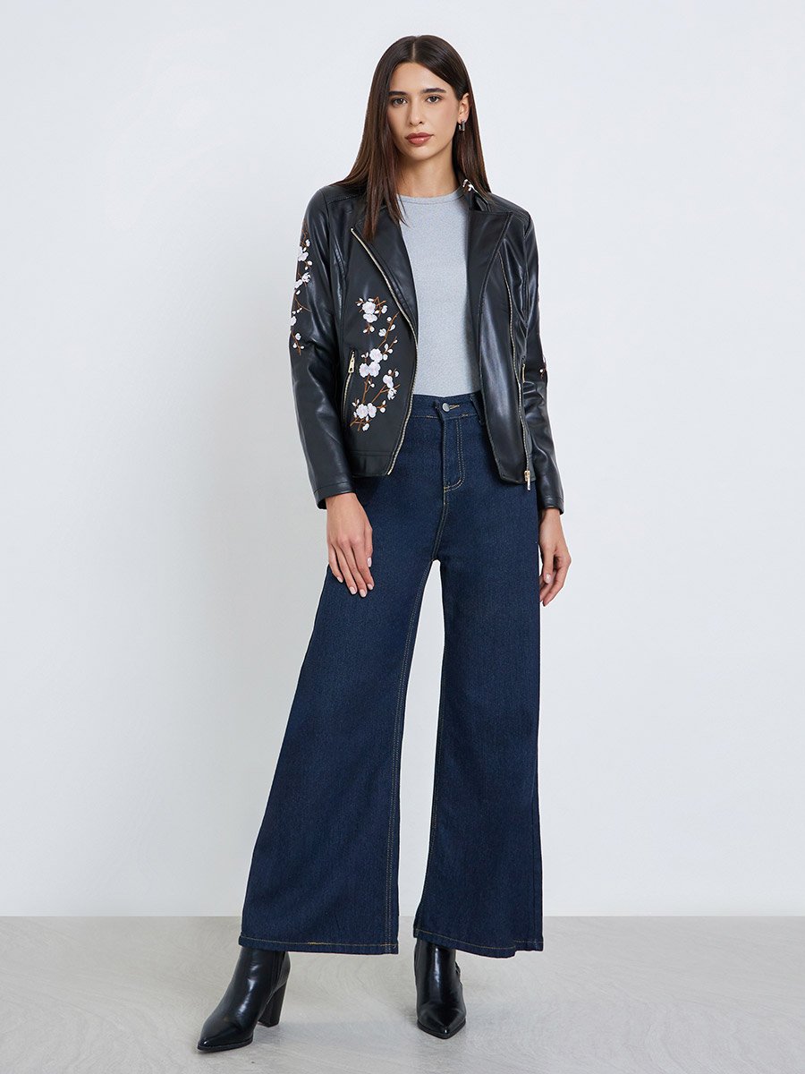 Black Floral Embroidered Biker Jacket