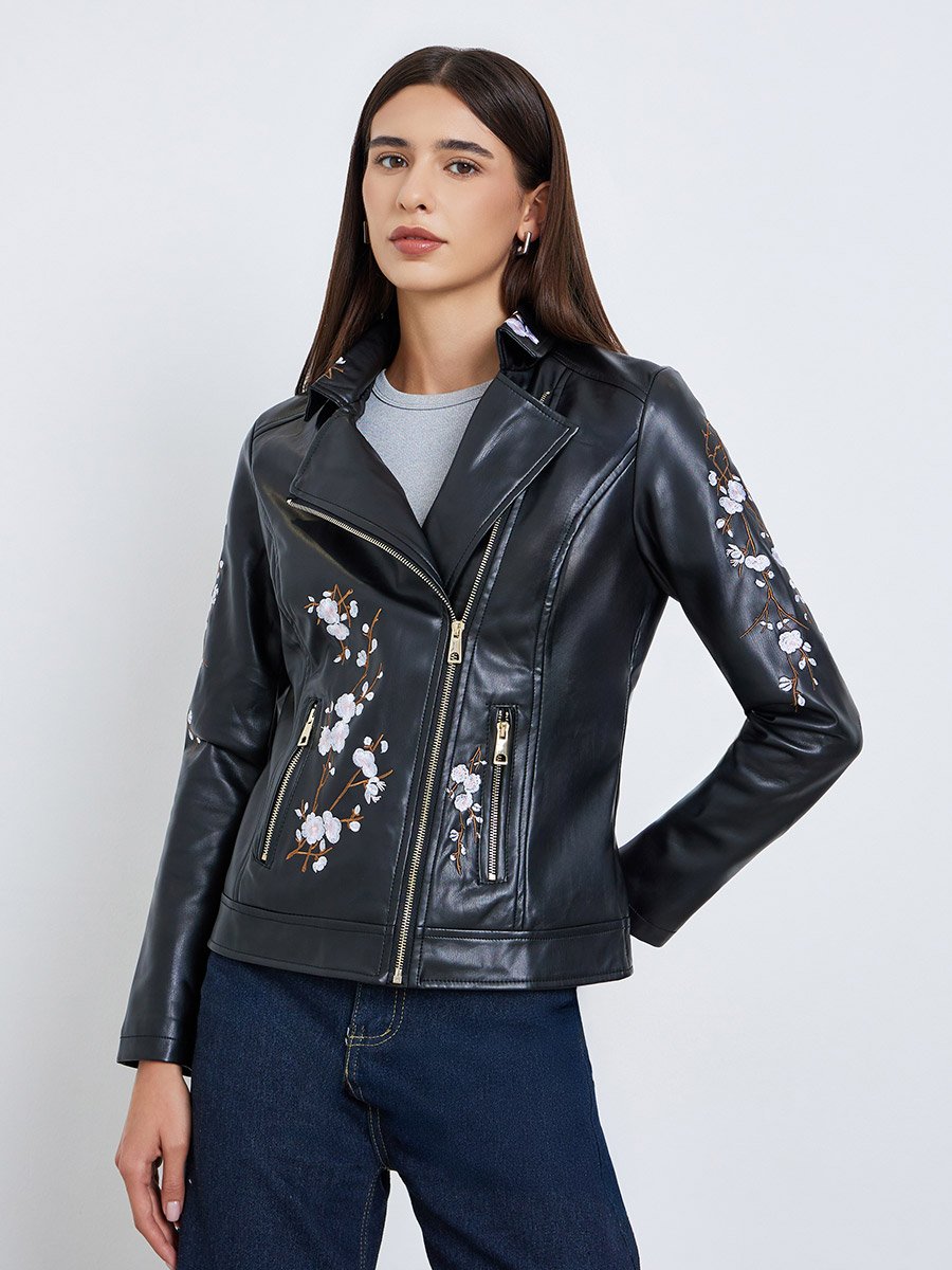 Black Floral Embroidered Biker Jacket