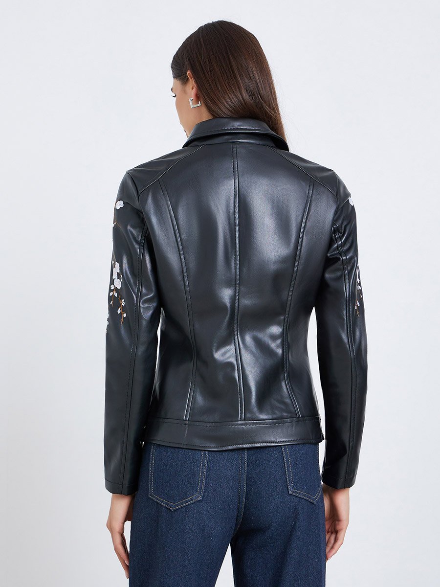 Black Floral Embroidered Biker Jacket