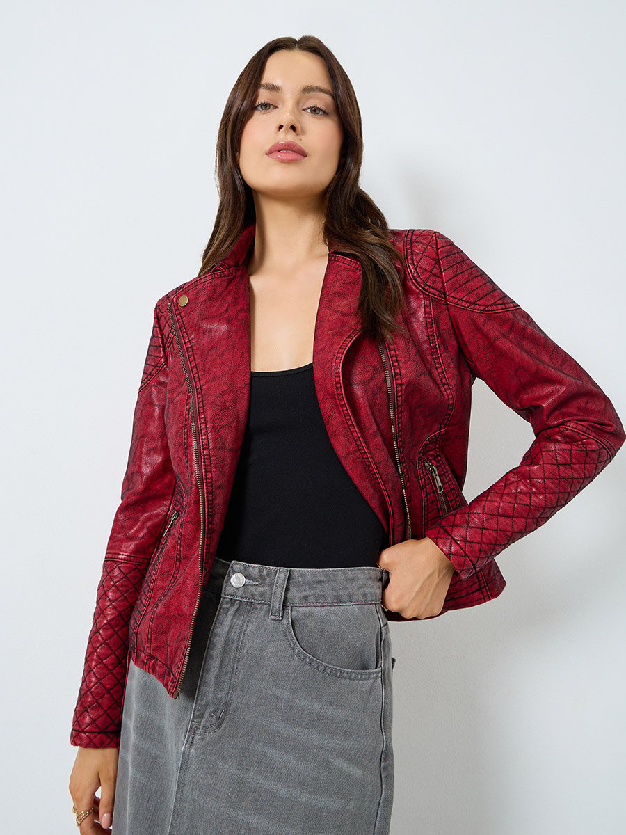 Burgundy Textured Biker Jacket