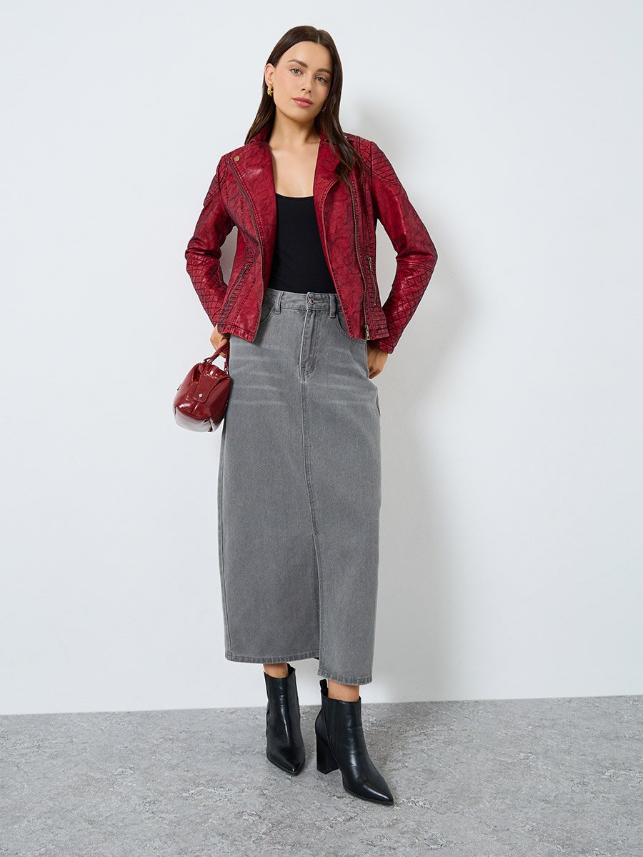 Burgundy Textured Biker Jacket