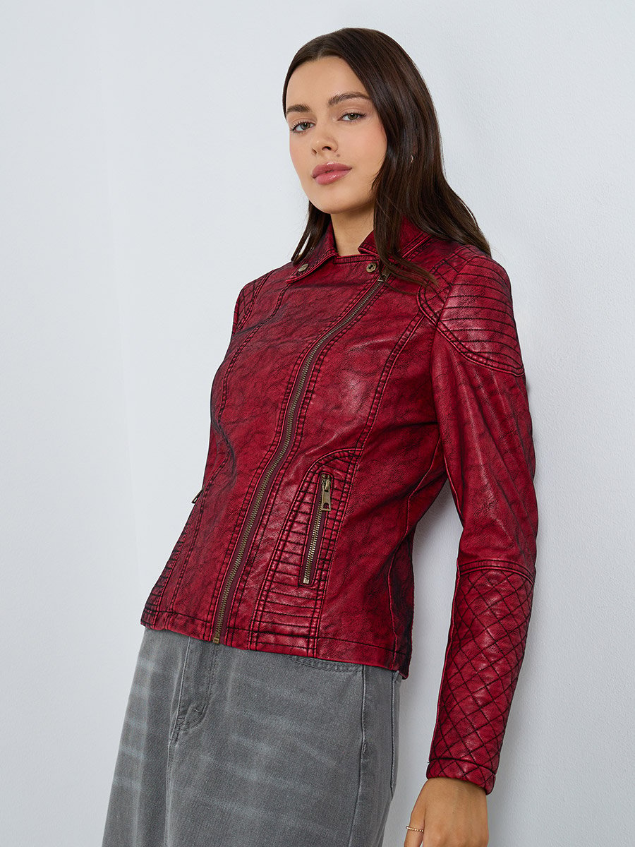 Burgundy Textured Biker Jacket