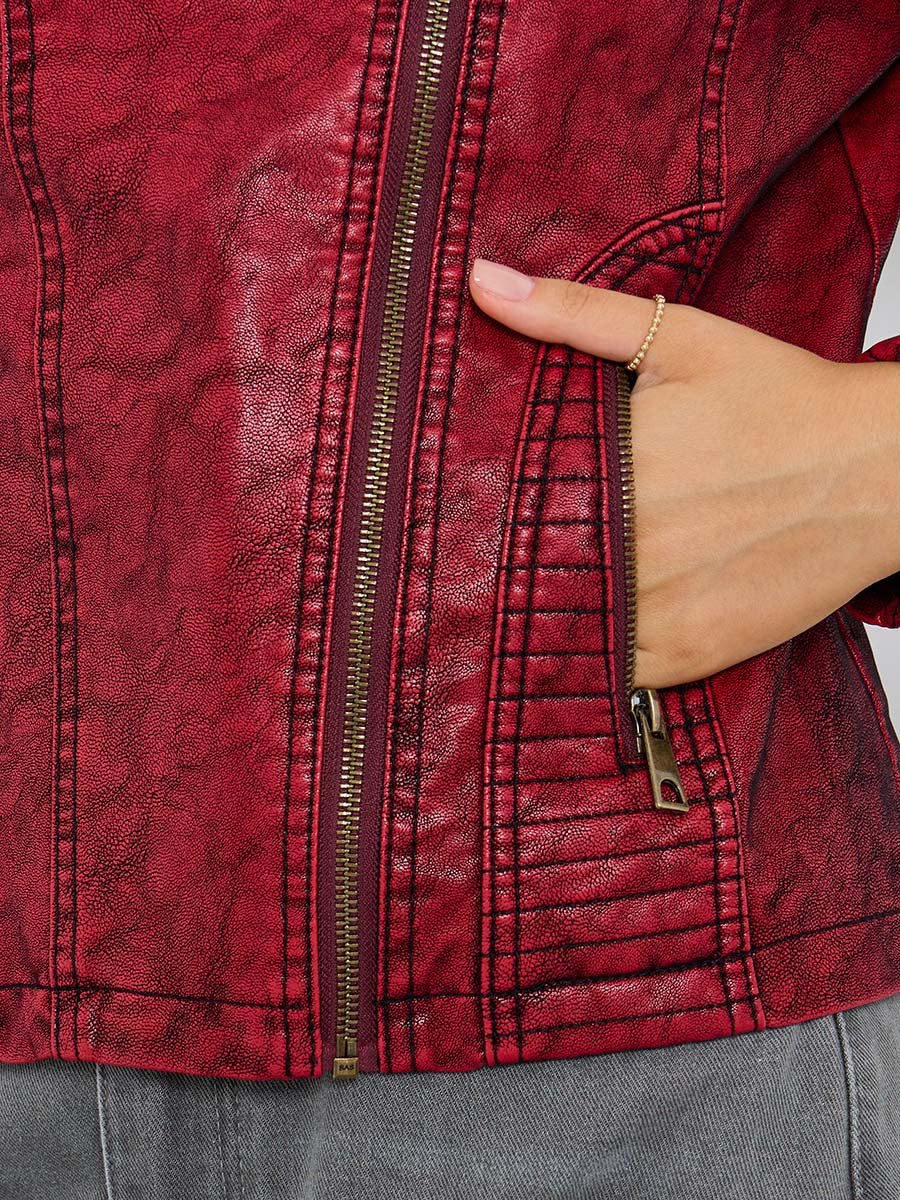 Burgundy Textured Biker Jacket