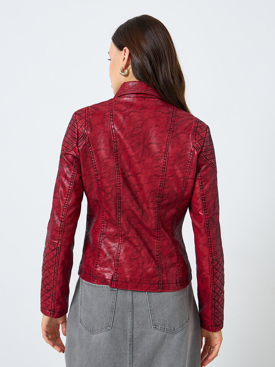 Burgundy Textured Biker Jacket