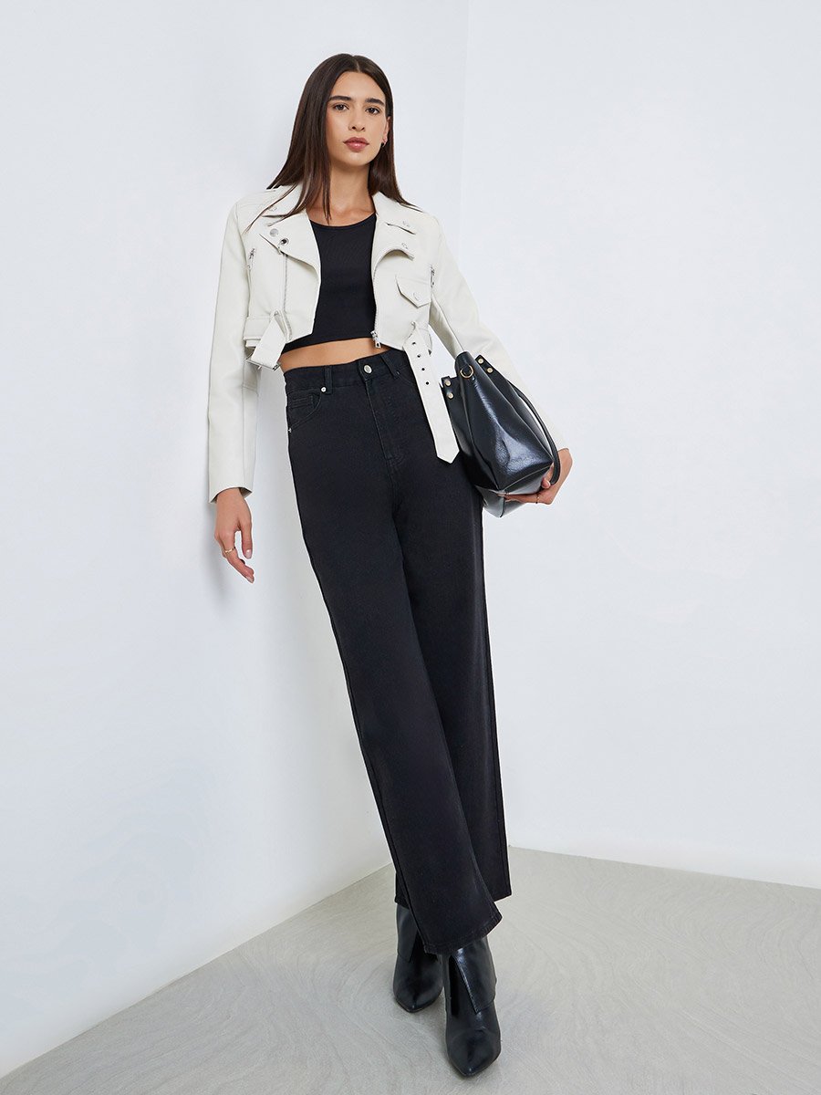 White Cropped Biker Jacket with Belt