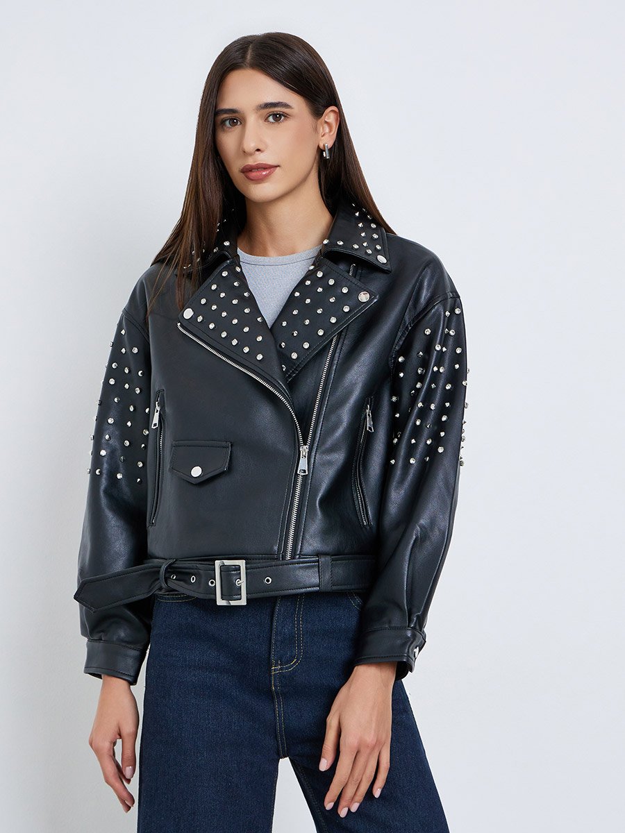 Studded Biker Jacket with Belt