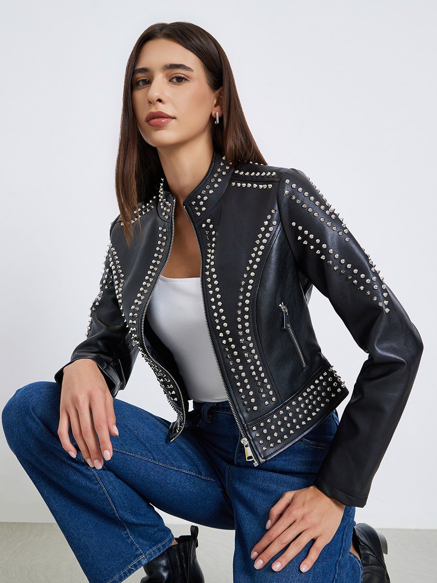 Black Studded Cropped Biker Jacket