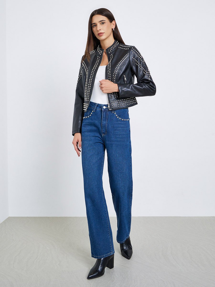 Black Studded Cropped Biker Jacket