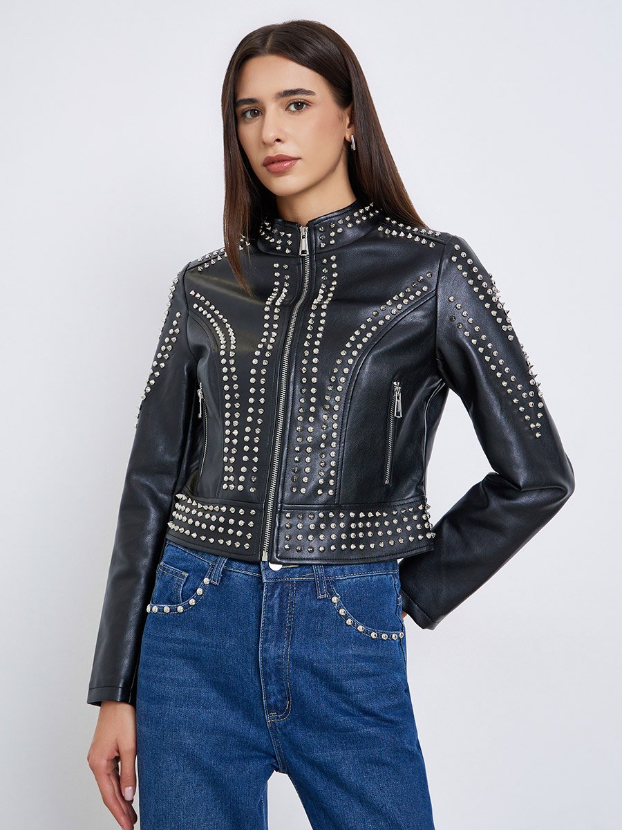 Black Studded Cropped Biker Jacket