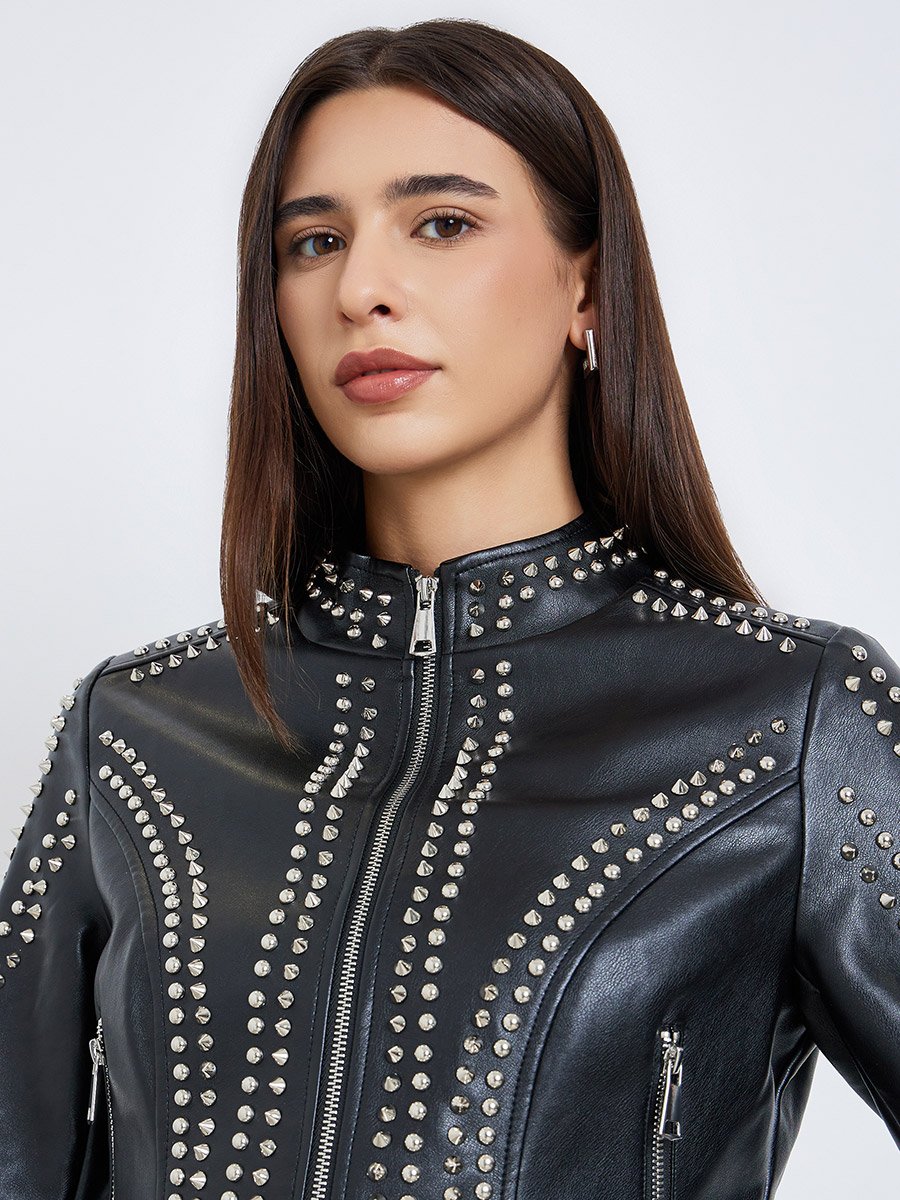 Black Studded Cropped Biker Jacket