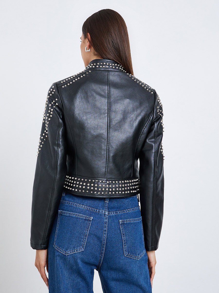 Black Studded Cropped Biker Jacket