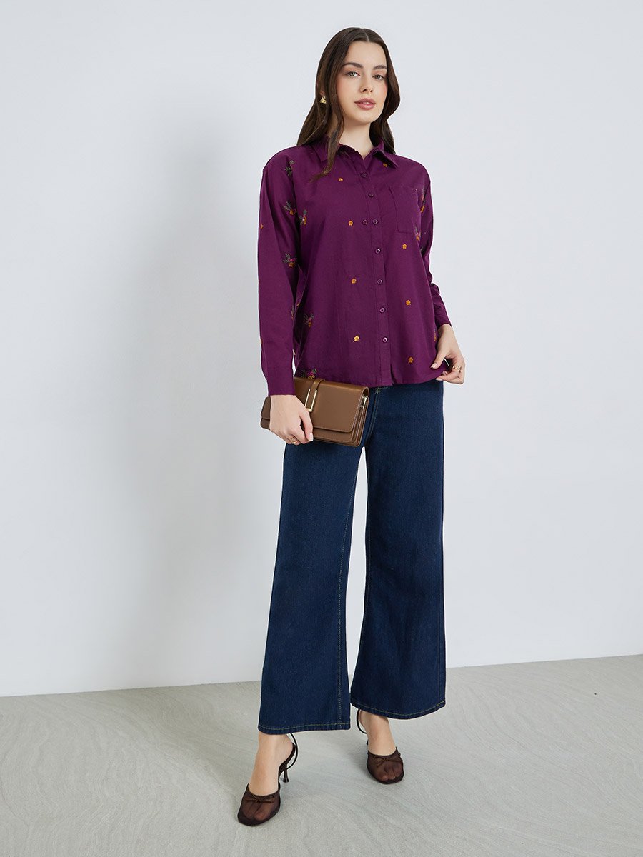 Women Purple Floral Embroidered Shirt
