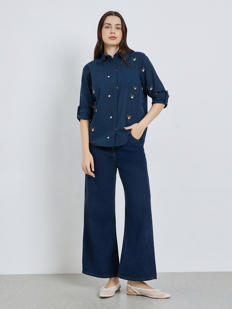 Women Navy Blue Floral Embroidered Shirt