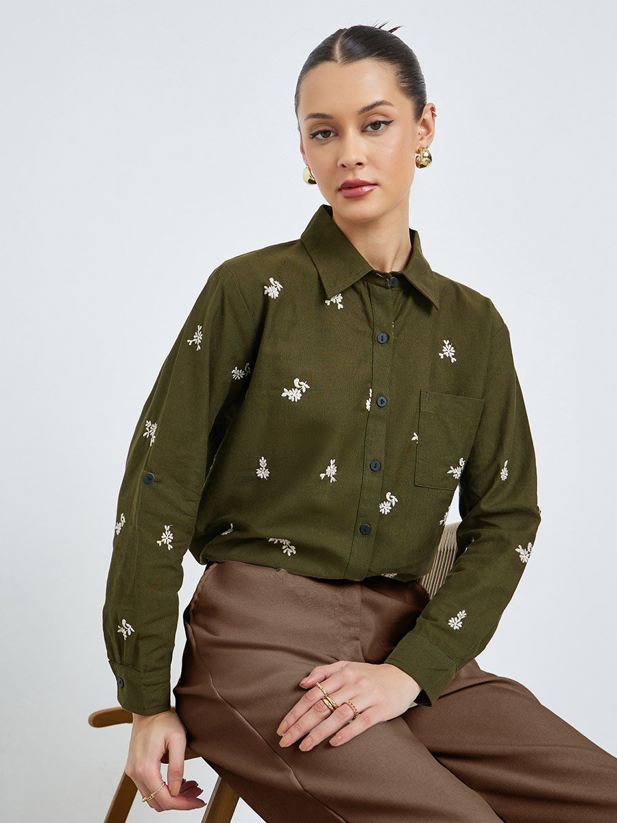 Olive Embroidered Long Sleeve Shirt