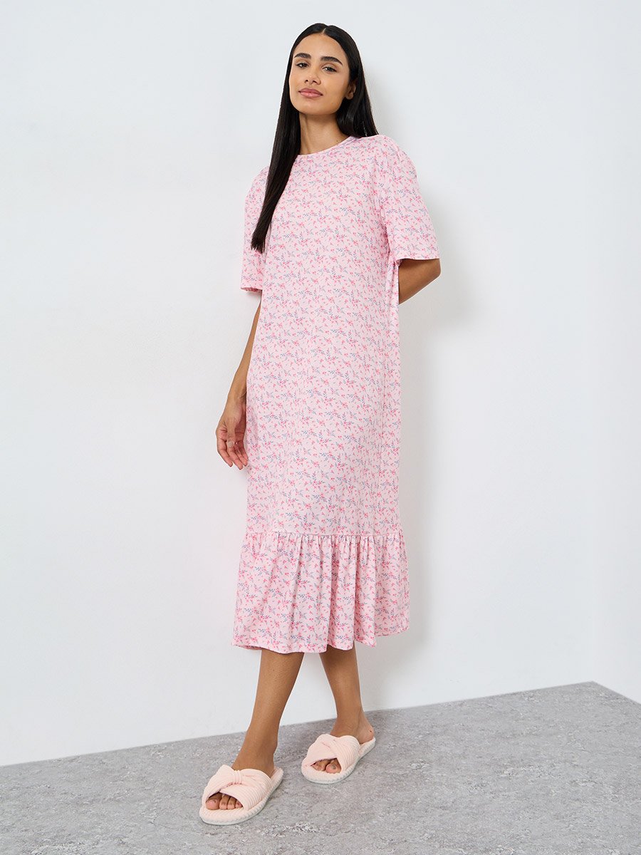 Wide Ruffle Hem Ditsy Print Sleep T-Shirt Dress
