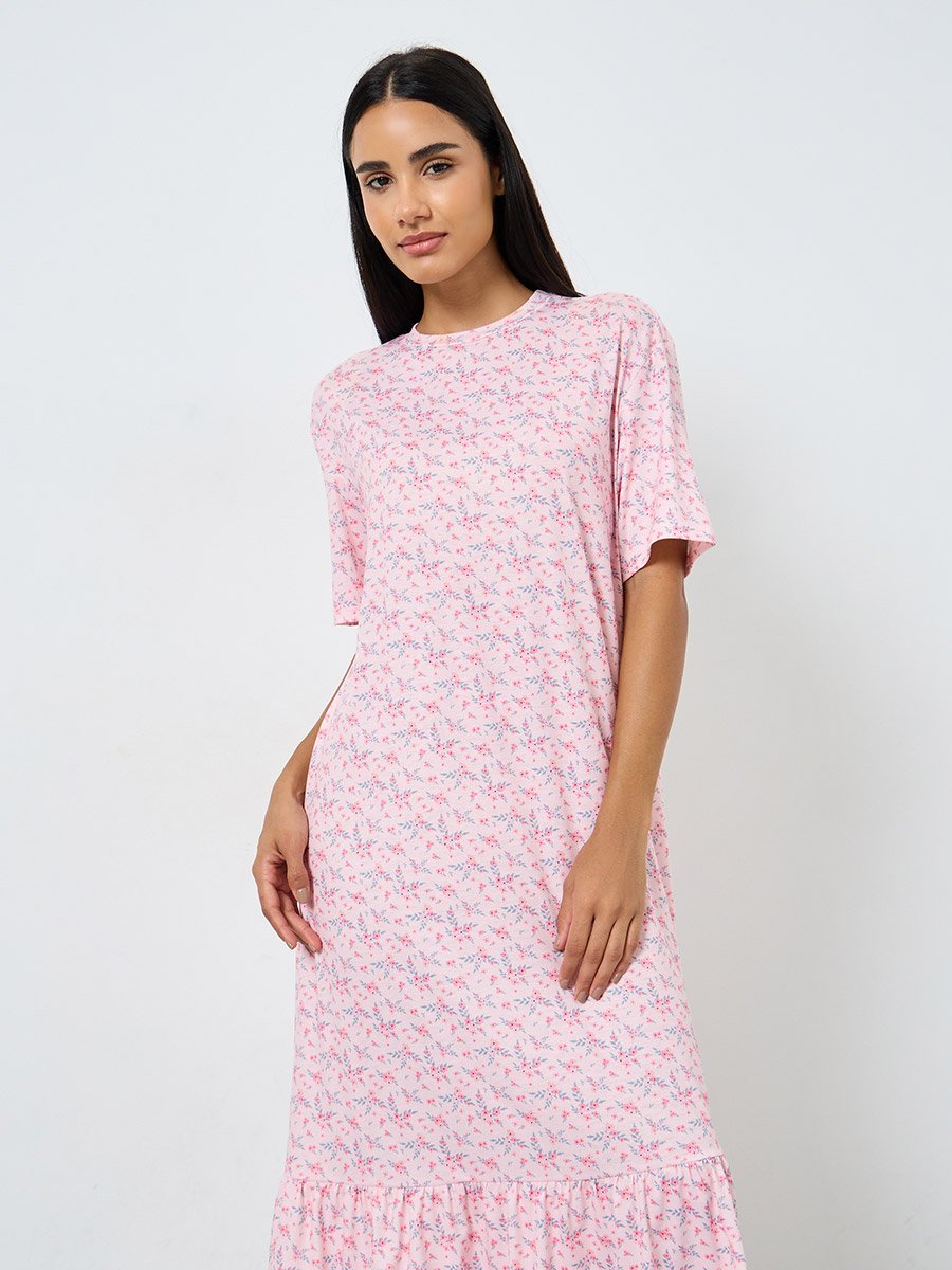 Wide Ruffle Hem Ditsy Print Sleep T-Shirt Dress