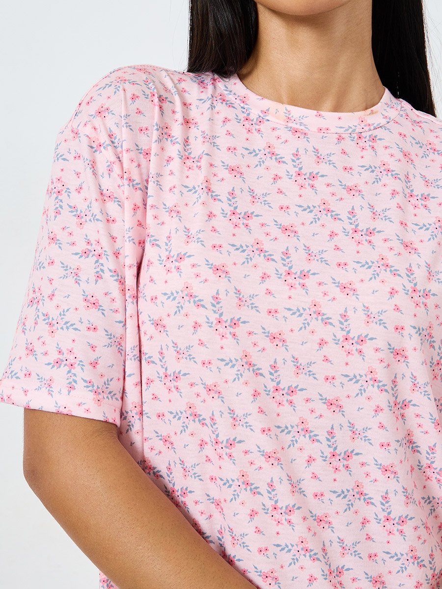 Wide Ruffle Hem Ditsy Print Sleep T-Shirt Dress